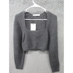 NWT Zara Wool Blend Cropped Square Neck Women's Small Grey Sweater